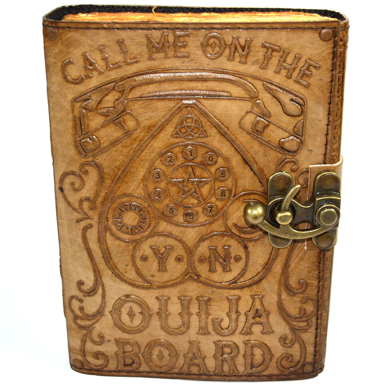 Call Me on the Ouija Board aged looking paper leather w/ latch (image for) Call Me on the Ouija Board aged looking paper leather w/ latch