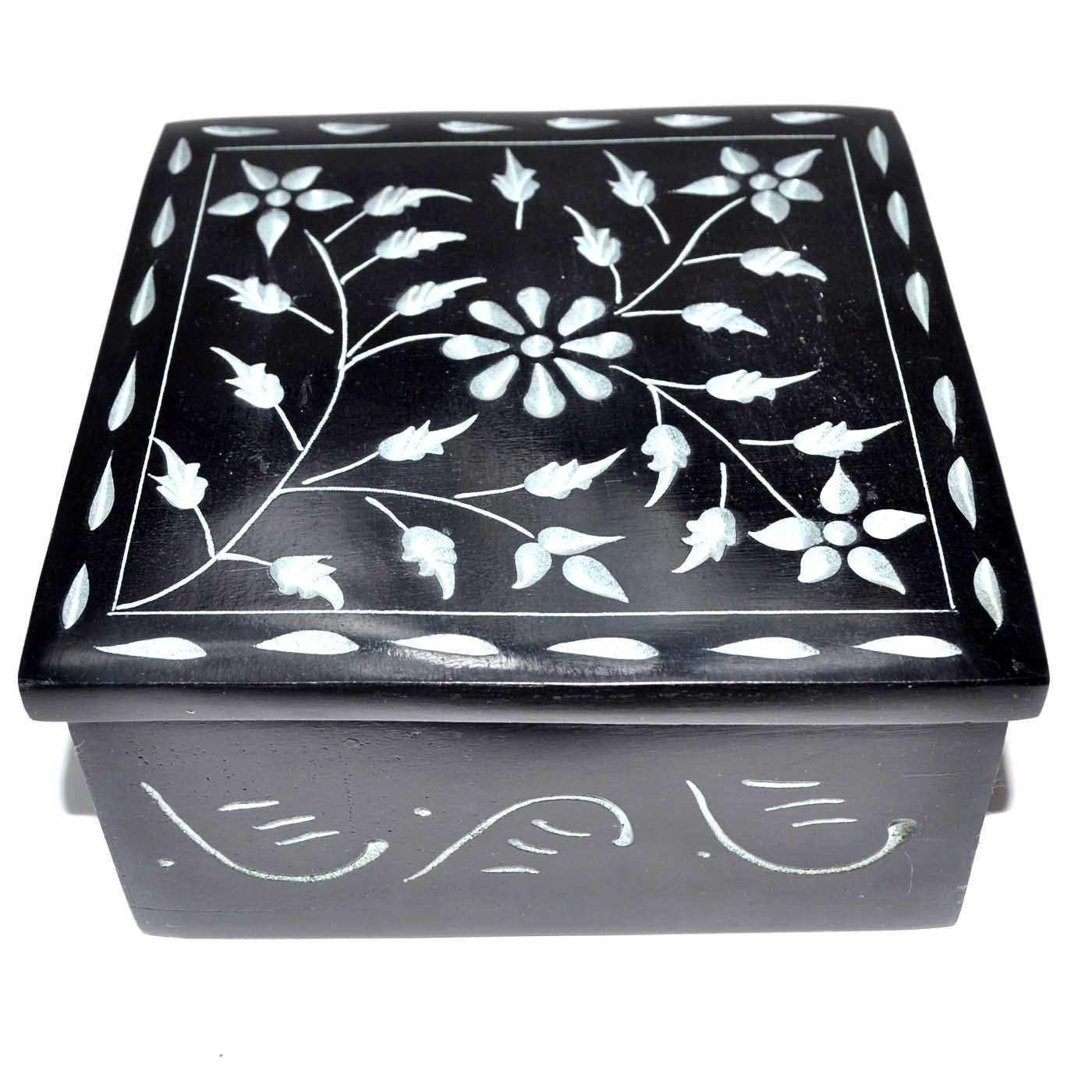 4 1/4" x 4 1/4" Floral soapstone box (image for) 4 1/4" x 4 1/4" Floral soapstone box